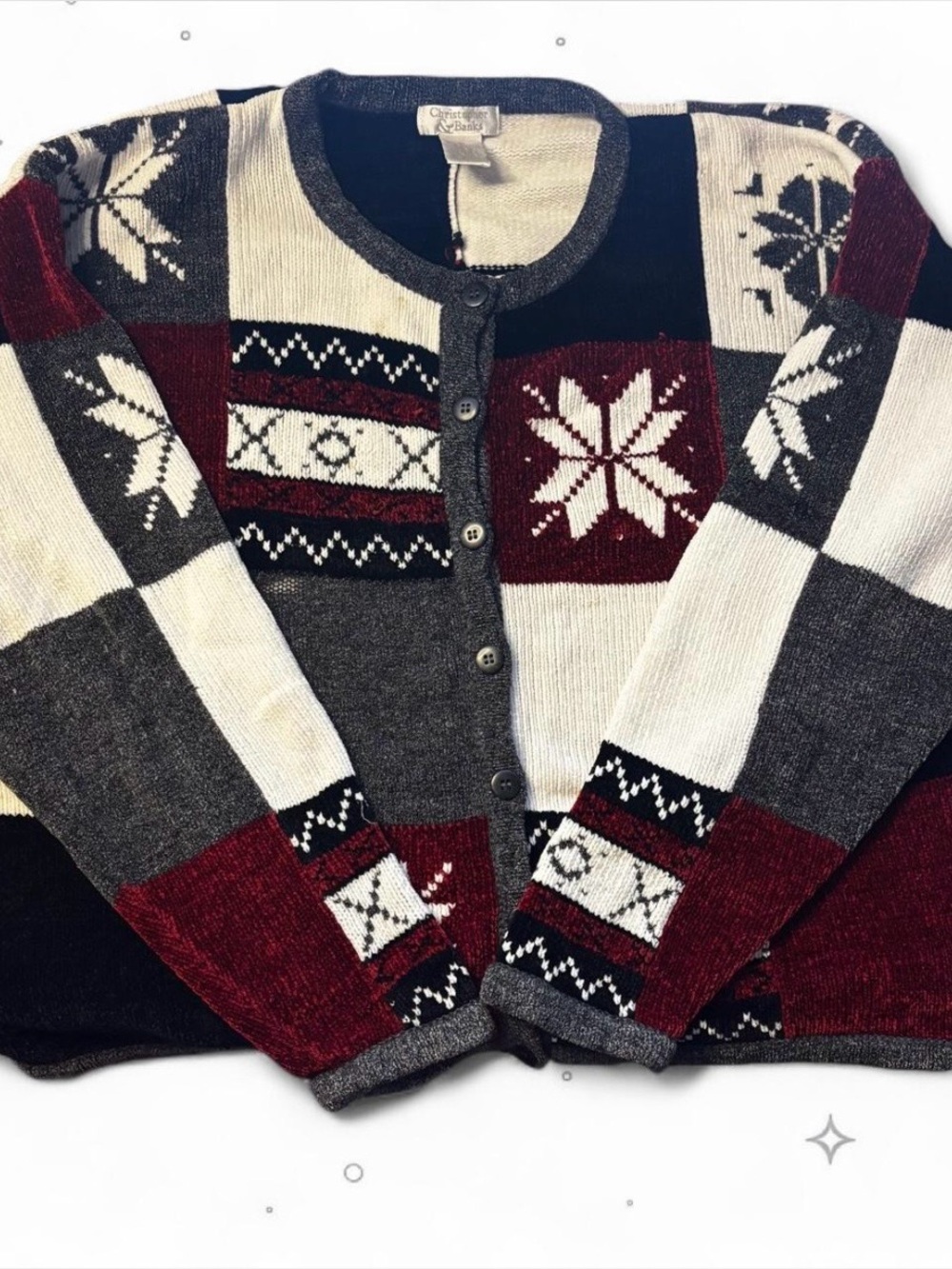 Vintage Christopher & Banks Patchwork Snowflake Chenille Cardigan Size M